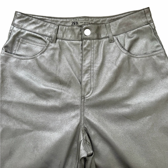 Zara Metallic Silver Pants Size Medium Faux Leather Look - Picture 2 of 9